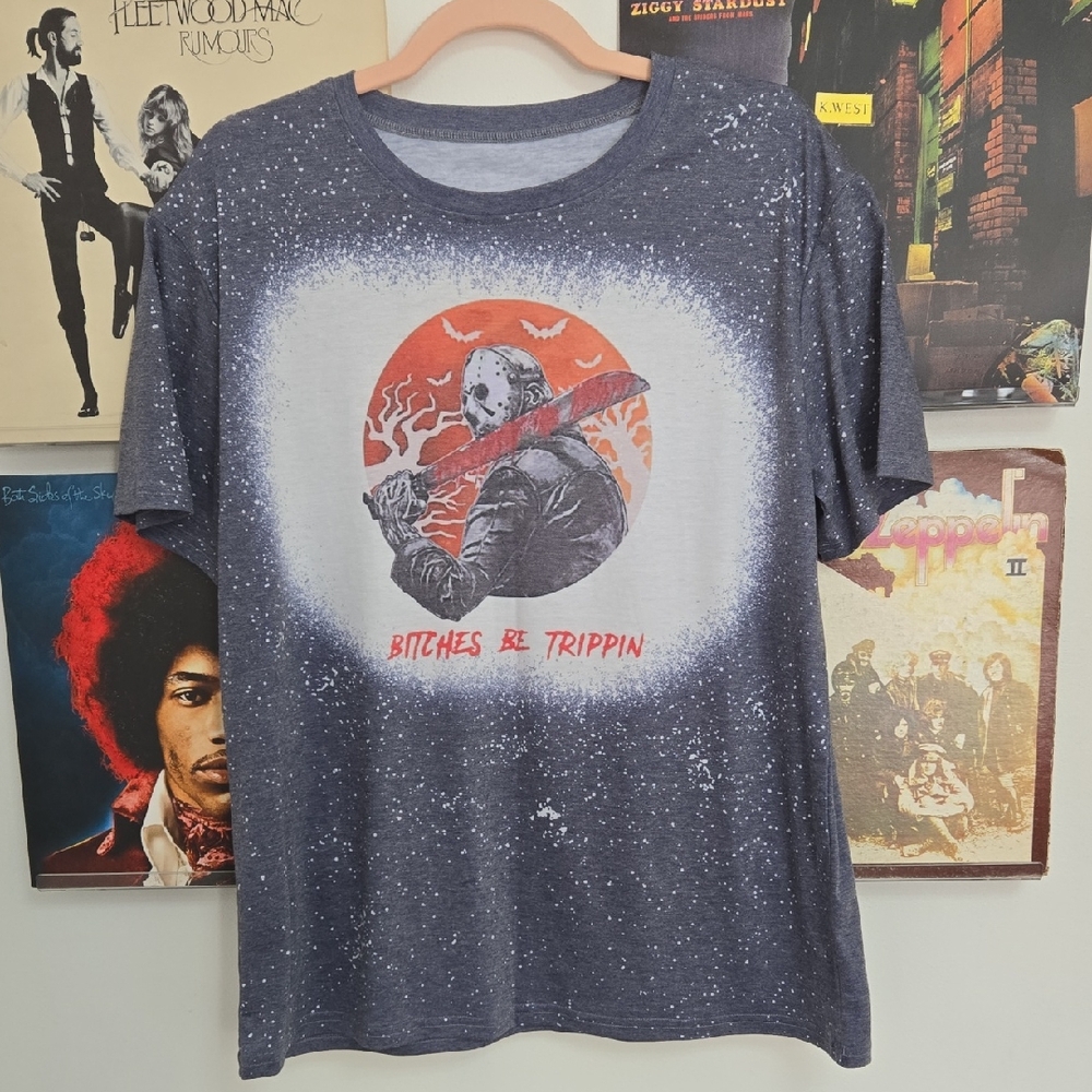 Graphic Horror Mask Tee - Charcoal with Orange Accent